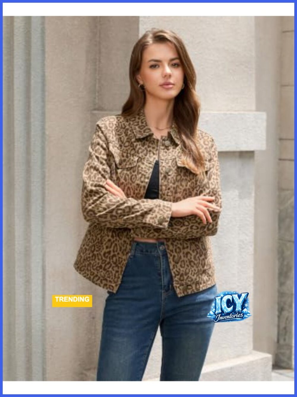 Leopard Print Denim Jacket Women Casual Stretch Cotton Trucker Jean Coat - Picture 3 of 6